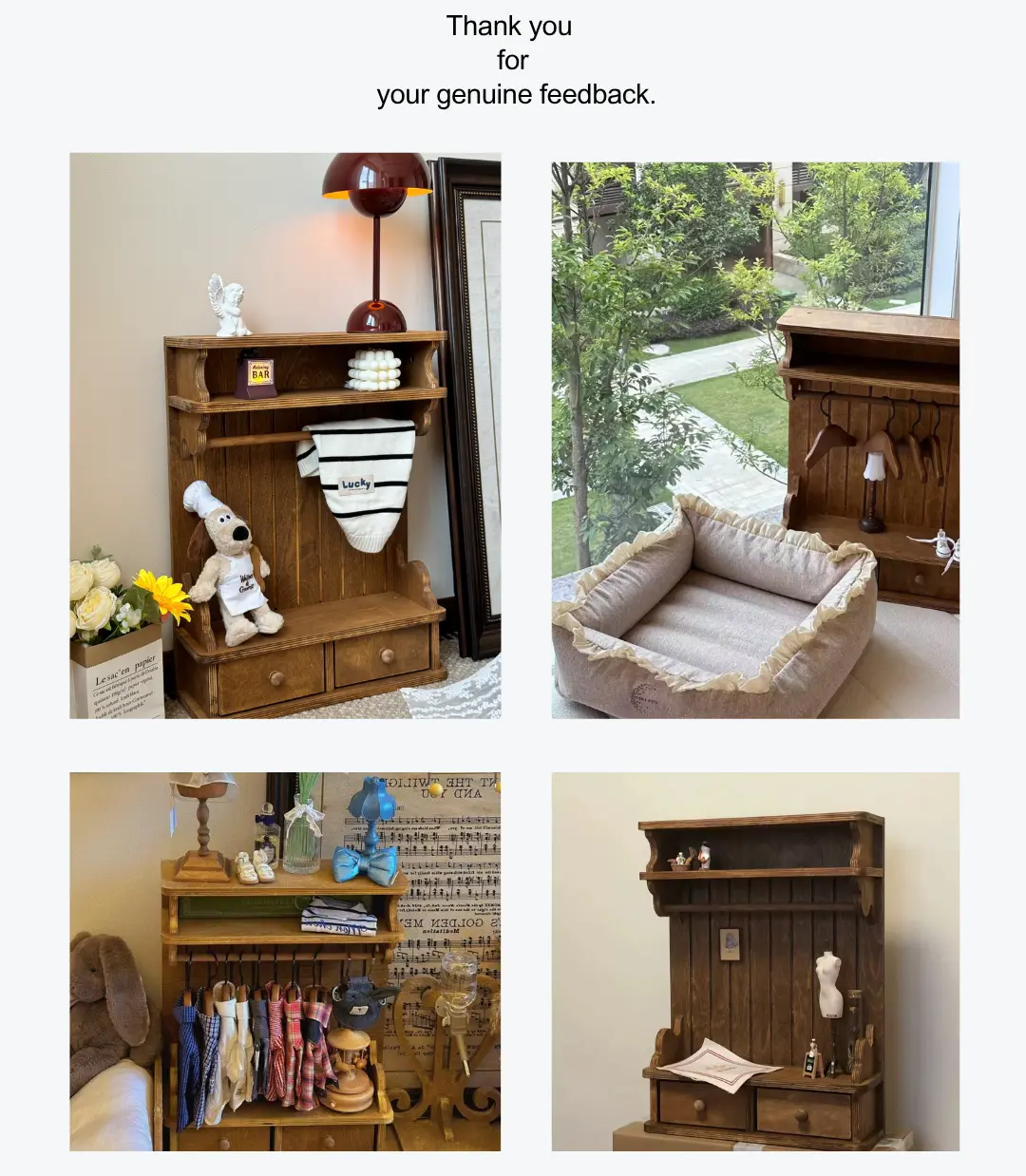 wooden pet clothes organizer in a customer's home - Vintage Wooden Pet Wardrobe Shelf with Drawers